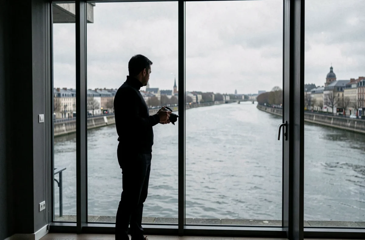 Photographe anonyme en silhouette devant une grande fenêtre avec vue sur la rivière Ille à Rennes