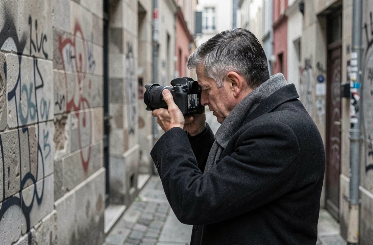 Photographe anonyme examinant son écran dans une ruelle urbaine de Rennes en Ille-et-Vilaine