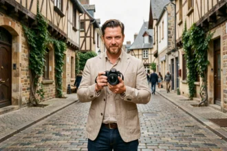Photographe professionnel tenant un appareil photo dans une rue pavée de Rennes en Ille-et-Vilaine