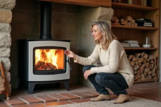 Femme ajustant un poêle à granulés moderne dans une ferme normande rénovée avec murs en pierre et poutres en chêne
