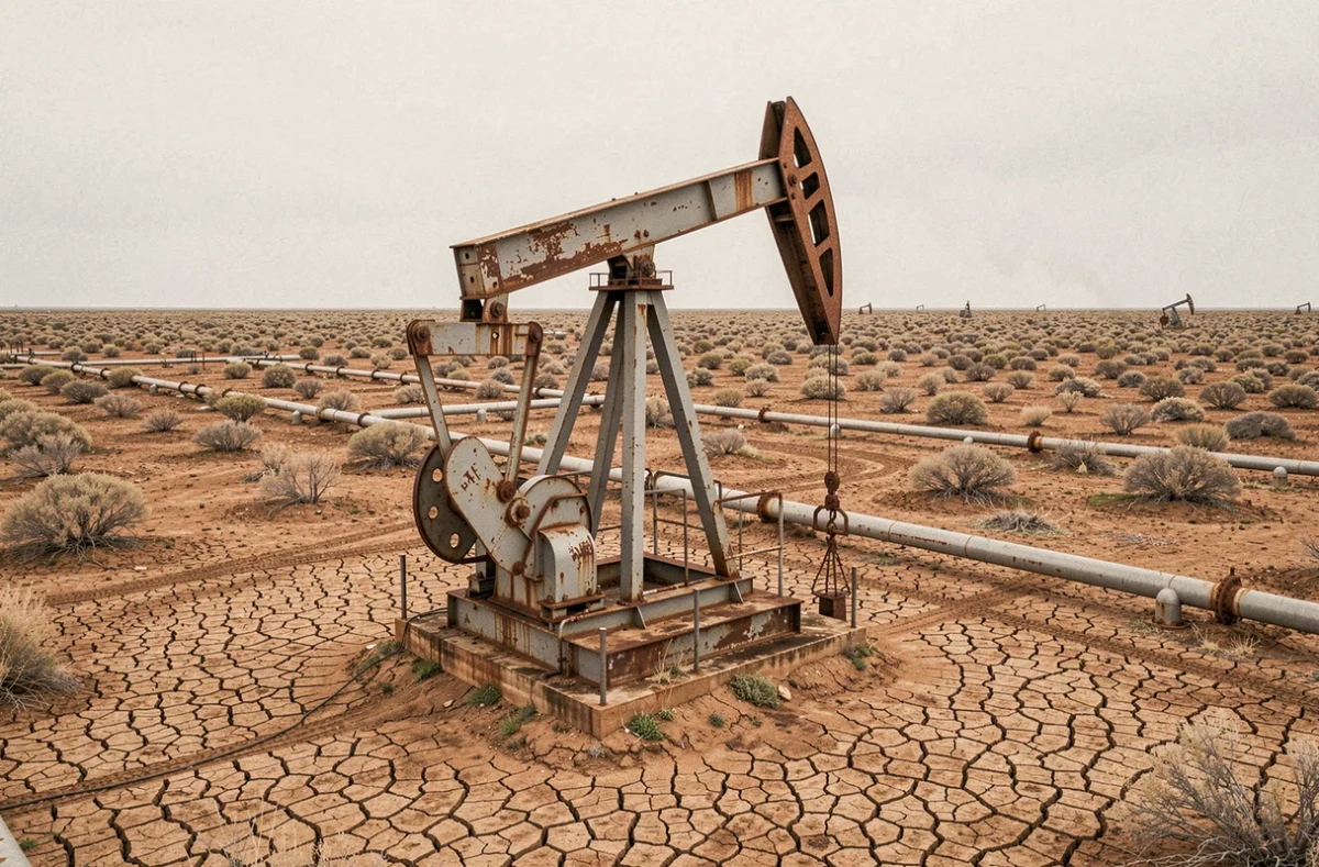 Pompe à pétrole industrielle dans un paysage semi-aride illustrant l'extraction du pétrole comme ressource naturelle