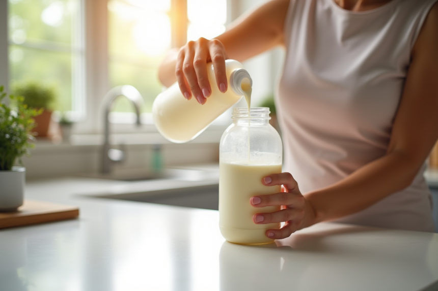 Maman verse du lait maternel dans une bouteille sur un plan de travail lumineux