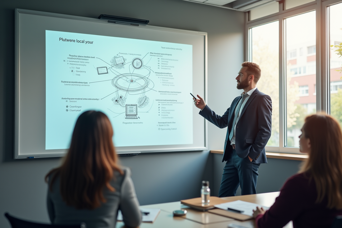 Professeur expliquant un concept dans une salle de classe lumineuse
