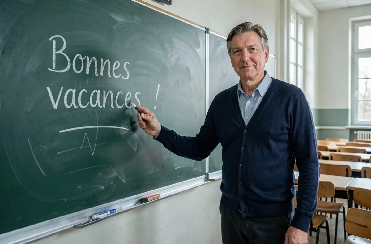 Professeur de français devant un tableau noir avec la phrase bonnes vacances écrite à la craie dans une salle de classe