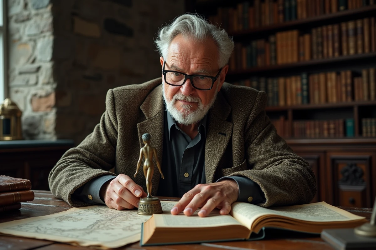 Professeur d'archéologie étudiant une figurine de divinité marine grecque entouré de cartes nautiques antiques et de livres de mythologie