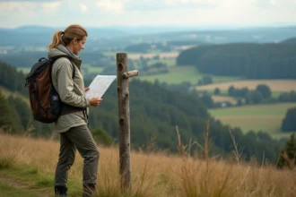 Femme randonneuse regardant une carte dans le Gers