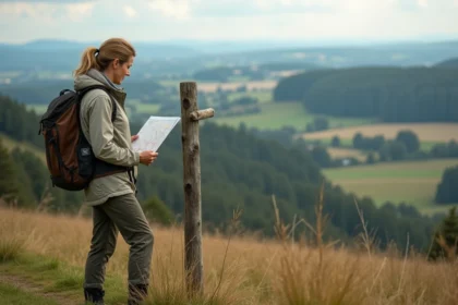 Femme randonneuse regardant une carte dans le Gers