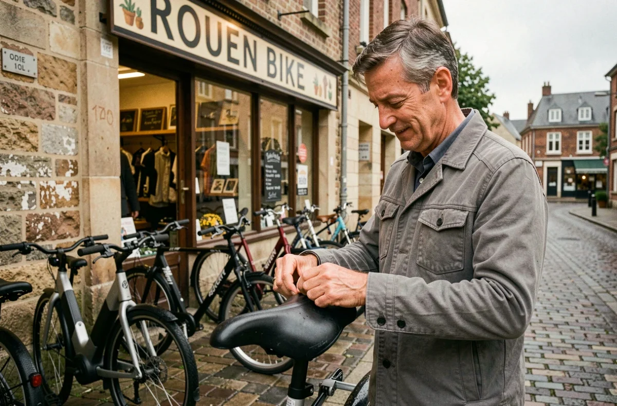 Devanture du magasin Rouen Bike avec le propriétaire ajustant un vélo électrique sur le trottoir pavé rouennais