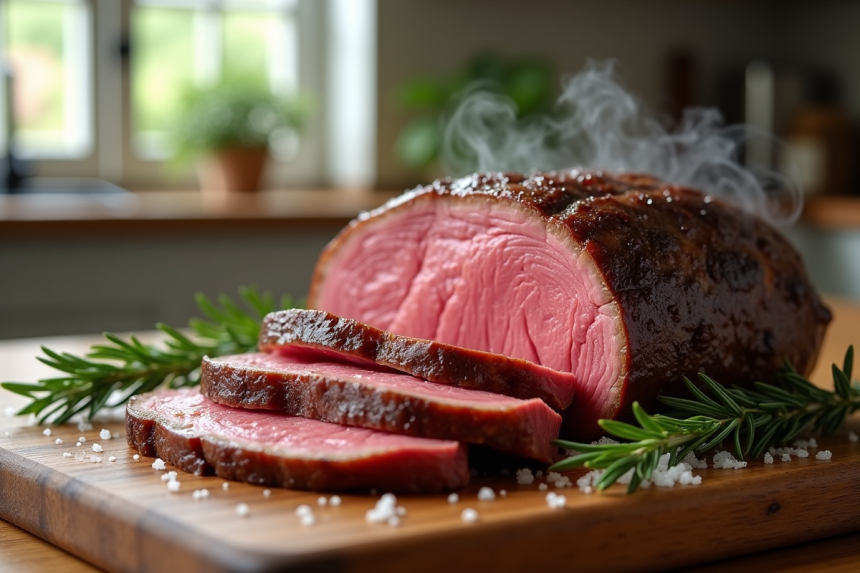 Rôti de boeuf rose tranché sur planche en bois