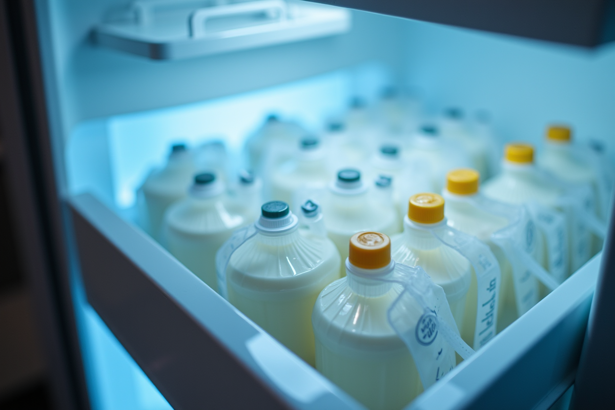 Sacs de lait maternel étiquetés rangés dans un tiroir de réfrigérateur