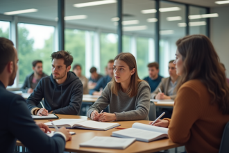 Salle de cours moderne avec étudiants attentifs en France