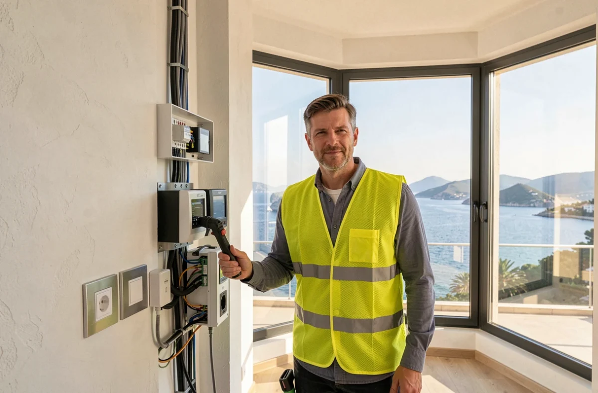Électricien polyvalent présentant une installation électrique complète dans une villa moderne avec vue sur la Côte d'Azur pour SAS Elec Azur