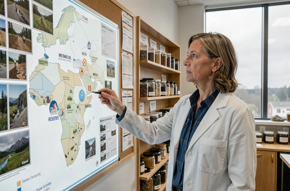 Scientifique environnementale analysant une carte des ressources naturelles mondiales dans un centre de recherche