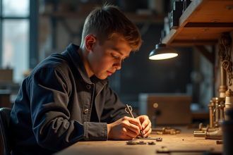 Jeune serrurier fabriquant une clé dans un atelier bien éclairé