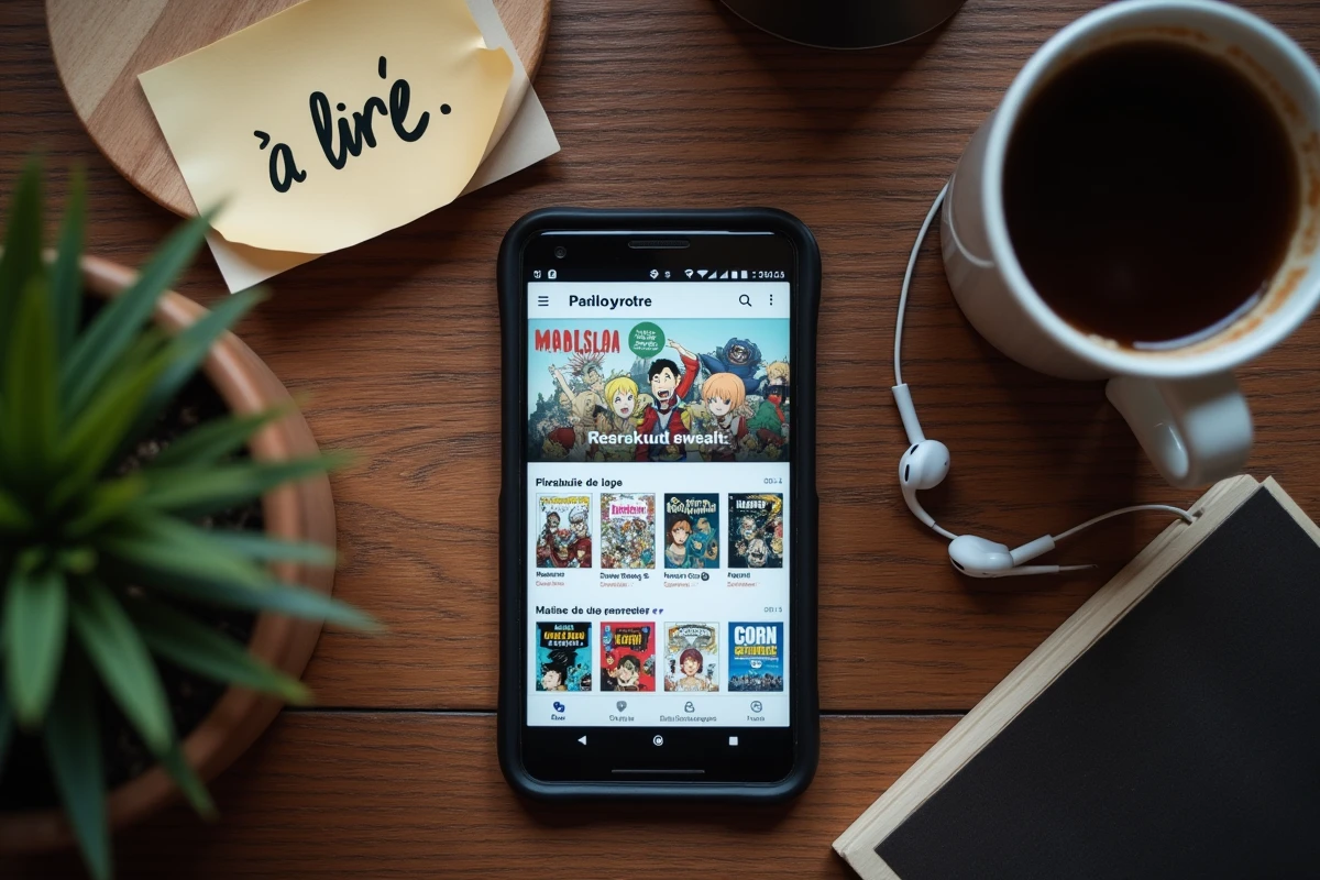 Vue aérienne d'un smartphone affichant une plateforme de lecture de manhwa en français sur une table en bois sombre
