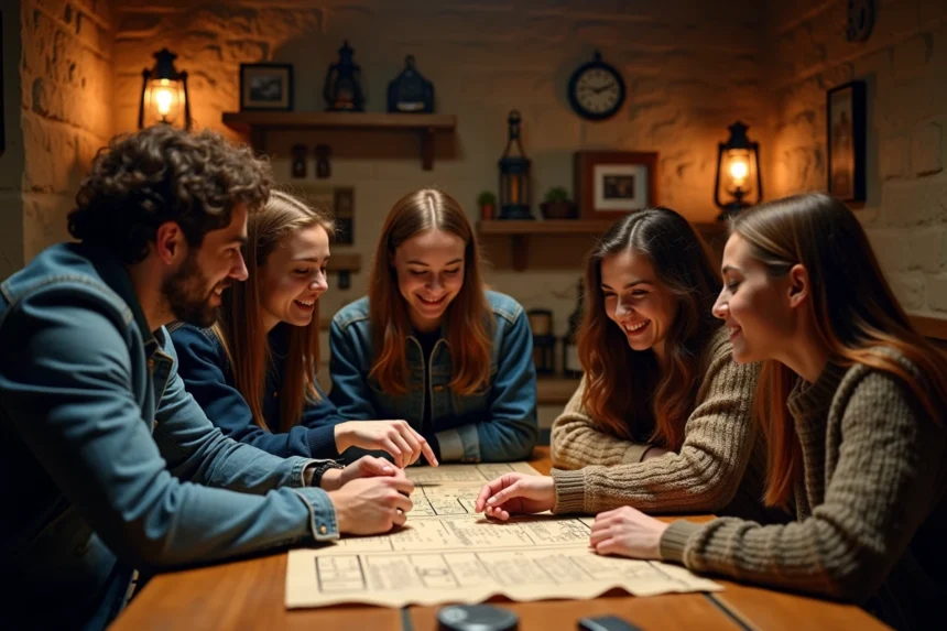 Groupe d'amis adultes résolvant des énigmes dans une salle d'escape game à Lyon, ambiance mystère et complicité
