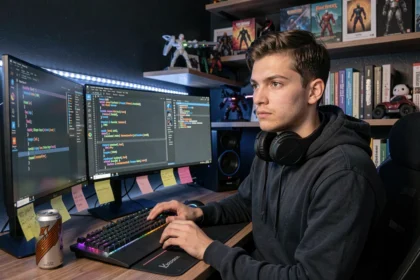Jeune speedrunner concentré devant un triple écran avec un éditeur de code ouvert dans un bureau gaming sombre