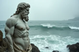 Statue de marbre de Poséidon sur une falaise rocheuse face à une mer déchaînée illustrant la mythologie marine grecque