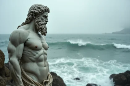 Statue de marbre de Poséidon sur une falaise rocheuse face à une mer déchaînée illustrant la mythologie marine grecque