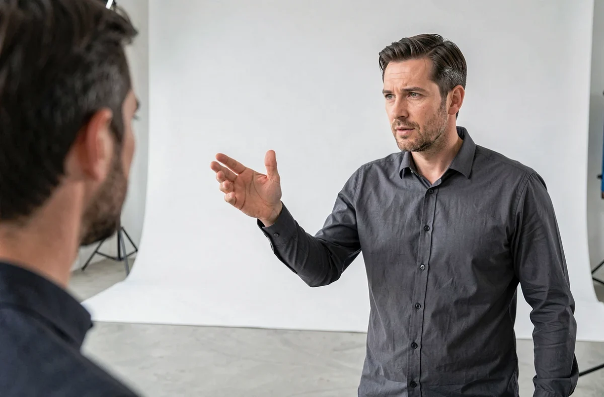 Photographe de portrait Stéphane Nano dirigeant une séance photo dans un studio minimaliste à Rennes
