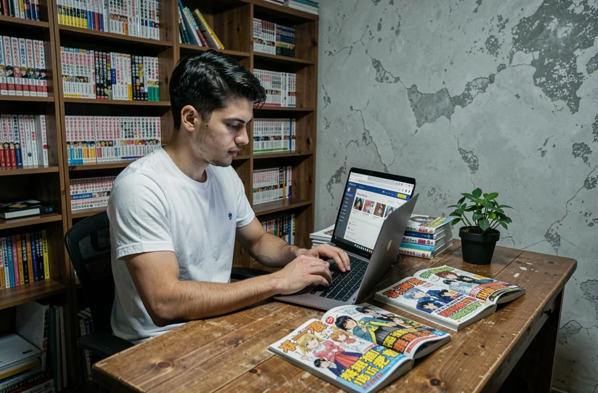 Homme consultant un site de suivi de nouveautés mangas sur ordinateur portable dans un bureau à domicile
