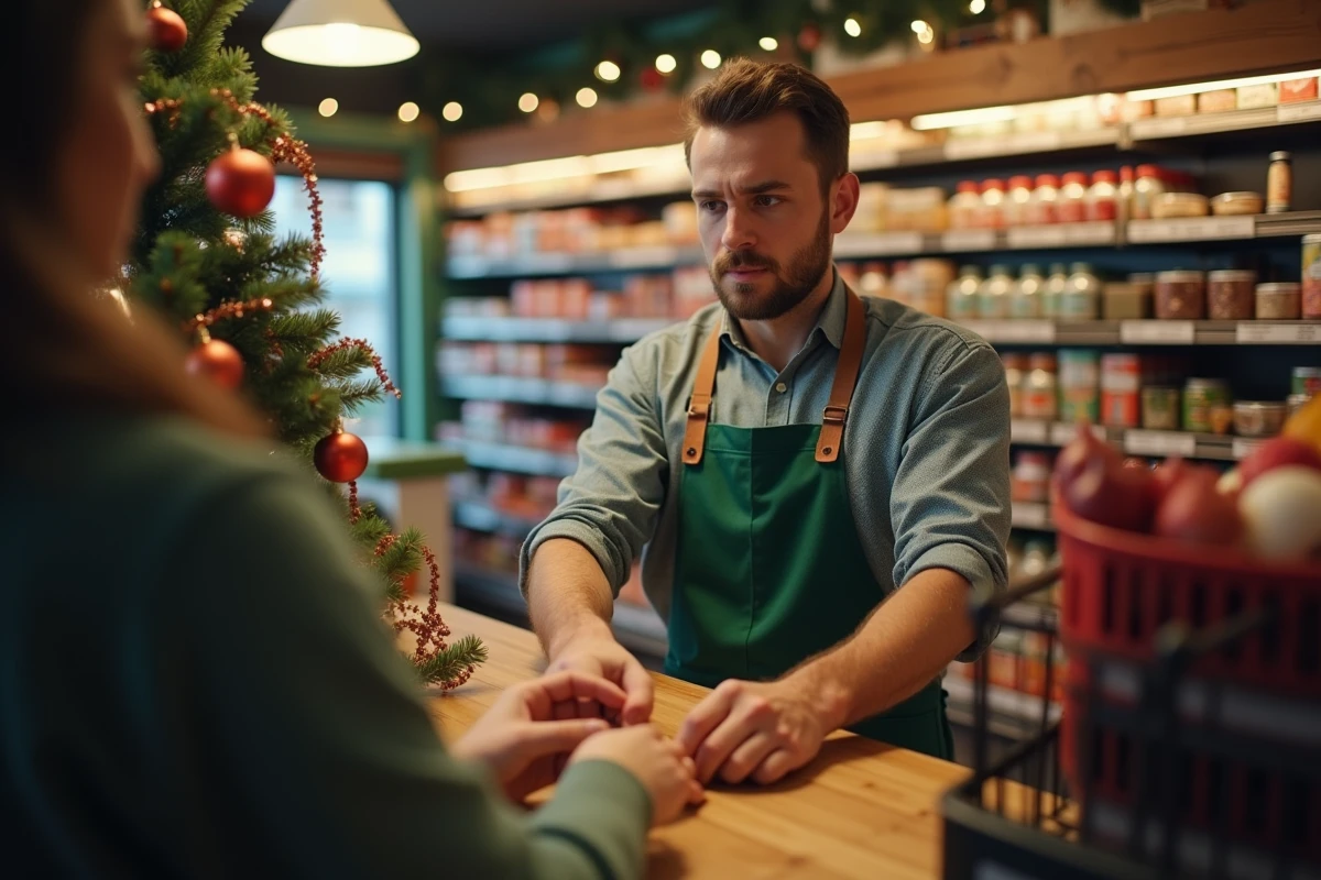 Caissier d'une supérette ouverte le jour de Noël servant un client le 25 décembre