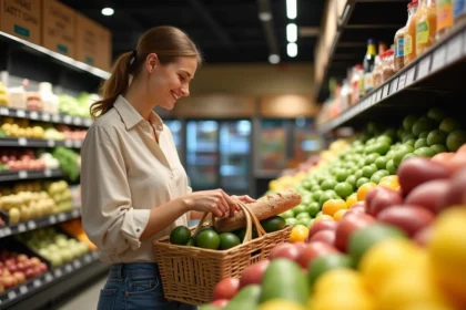 Femme faisant ses courses au supermarché ouvert le dimanche à Montpellier, choisissant des produits frais pour un brunch