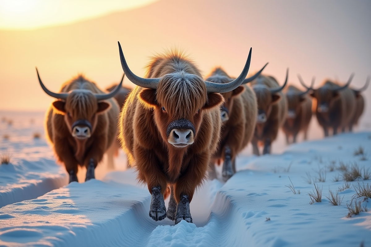 Troupeau de yaks traversant un plateau enneige au lever du soleil
