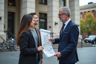 Urbaniste en costume avec plan devant mairie
