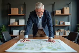 Urbaniste homme étudiant des cartes de zonage dans un bureau