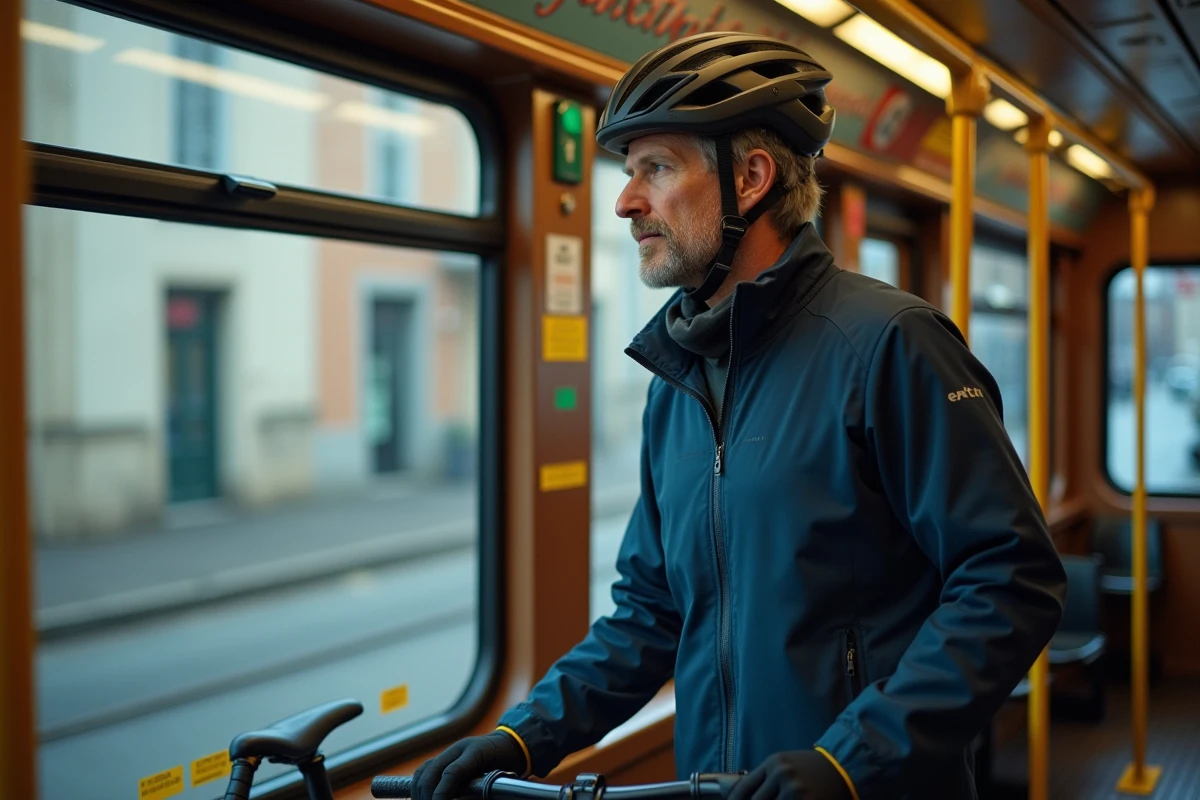 Cycliste avec un vélo plié dans un tramway nantais, abordant la cohabitation vélos et transports en commun