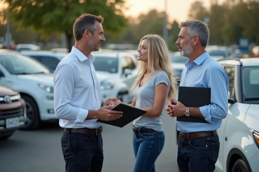 Vendeur de voitures d'occasion discutant avec un couple
