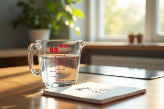 Verre mesure rempli de 80 ml d'eau sur plan de cuisine