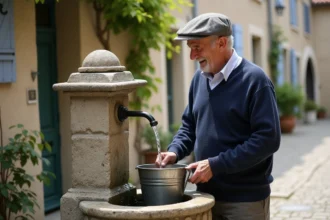 Homme âgé devant fontaine ancienne à Saint Goussaud