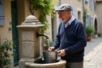 Homme âgé devant fontaine ancienne à Saint Goussaud