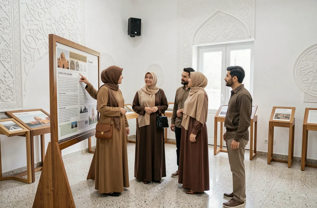 Groupe de visiteurs découvrant les panneaux d'information culturels à l'intérieur d'une mosquée à Strasbourg