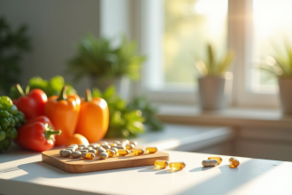 Comprimés de vitamine B12 et légumes frais sur un plan de cuisine lumineux