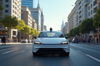 Voiture autonome blanche sur une rue urbaine ensoleillee