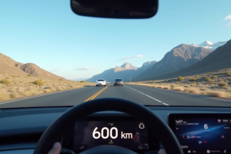 Voiture électrique moderne sur route avec montagnes en arrière-plan