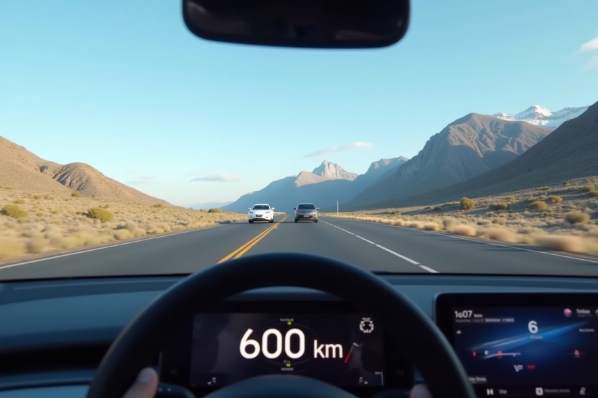 Voiture électrique moderne sur route avec montagnes en arrière-plan