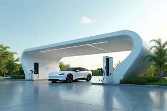 Voiture hydrogene moderne au station de recharge futuriste