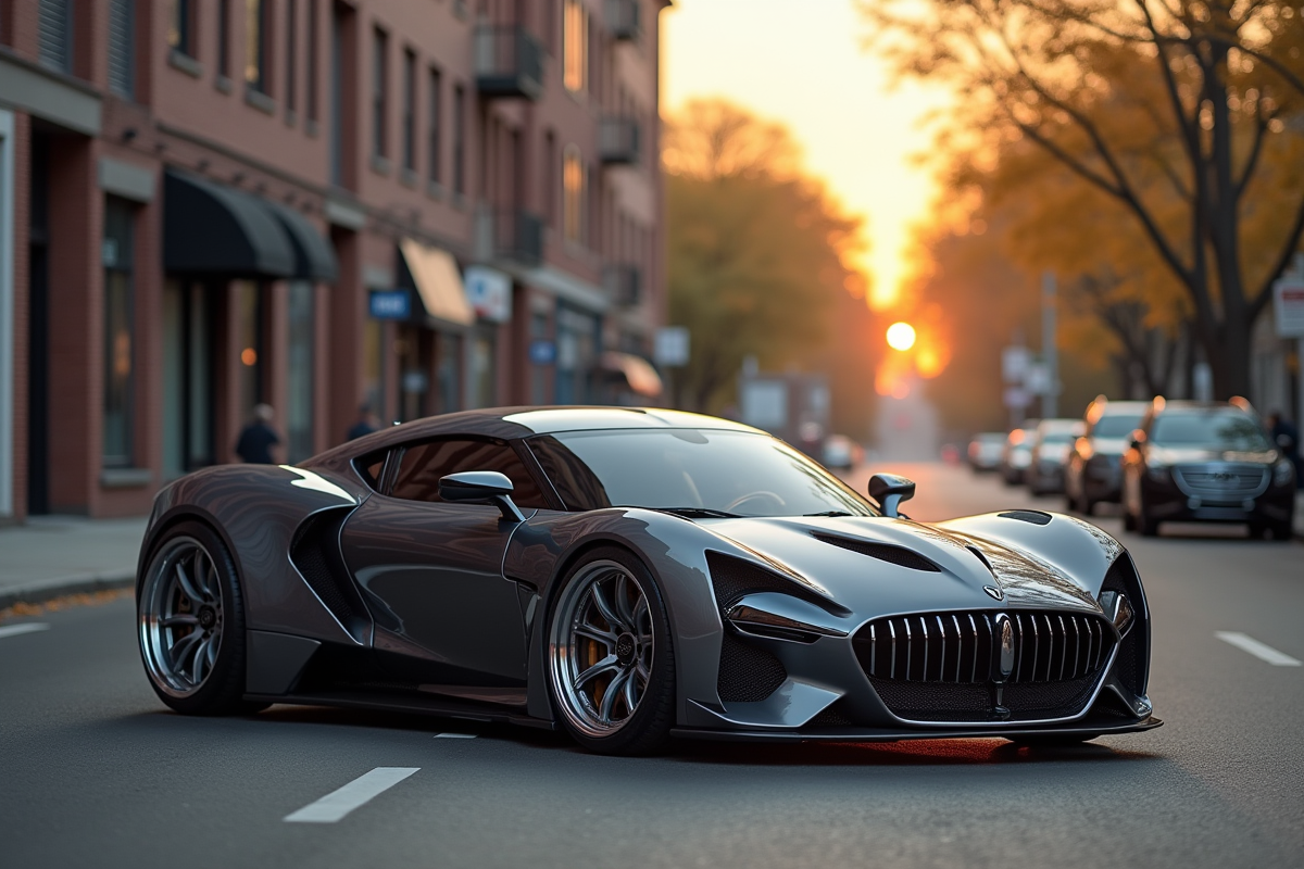Voiture custom sur une rue urbaine au coucher du soleil avec détails métalliques