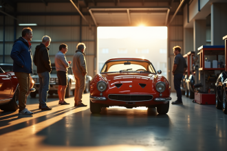 Groupe d'amateurs découvrant une voiture vintage rare dans un garage ensoleille