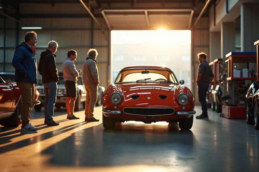 Groupe d'amateurs découvrant une voiture vintage rare dans un garage ensoleille