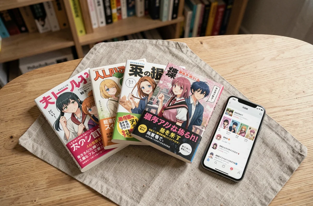 Plat posé de plusieurs volumes de mangas VF et un smartphone affichant une application de suivi des sorties