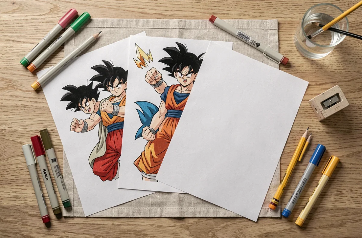 Vue du dessus de pages à colorier Dragon Ball Z simples étalées sur une table avec des crayons et feutres